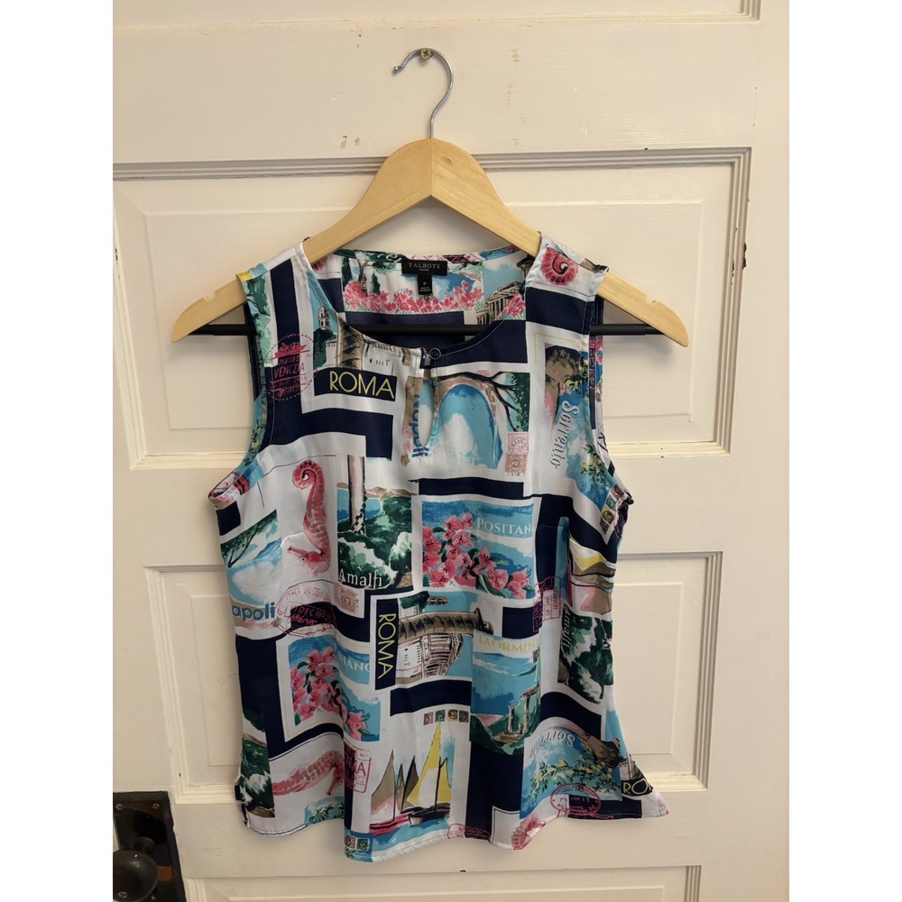 Talbots Women's Navy Italy Postcard Print Sleeveless Blouse Top Size‎ XS Petite